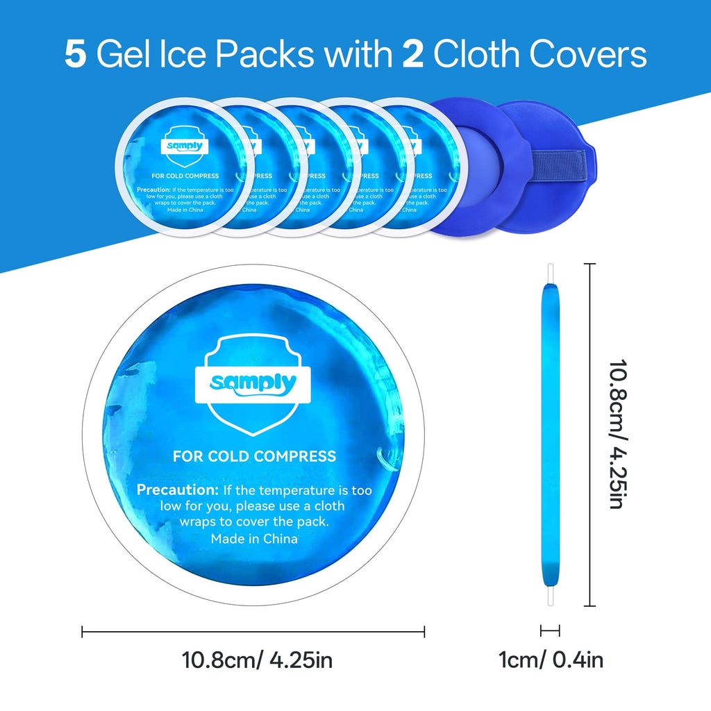 samply Small Gel Ice Packs for Boo Boos, Cold Packs for Injuries Reusable Pain Relief, Headaches and Toothaches,Eyes, Face, 5 Pack Mini Round Ice Packs with 2 Covers for Cold Compress