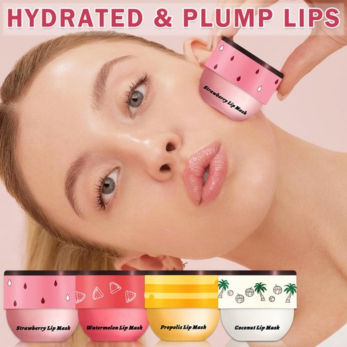 LZXLUKGIR 4PCS Honey Lip Balm Hydrating Honey Lip Mask Overnight Propolis Bee Lip Balm Prevention Dry and Cracked Lip Scrub Exfoliator (Honey+Strawberry+Coconut+Watermelon)