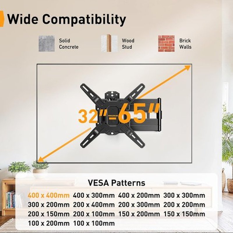 Perlegear Long Arm TV Wall Mount - Full Motion Bracket for 32-65" TVs | 37.4" Extension, Max VESA 400x400mm, Swivel & Tilt, Supports Up to 110 lbs