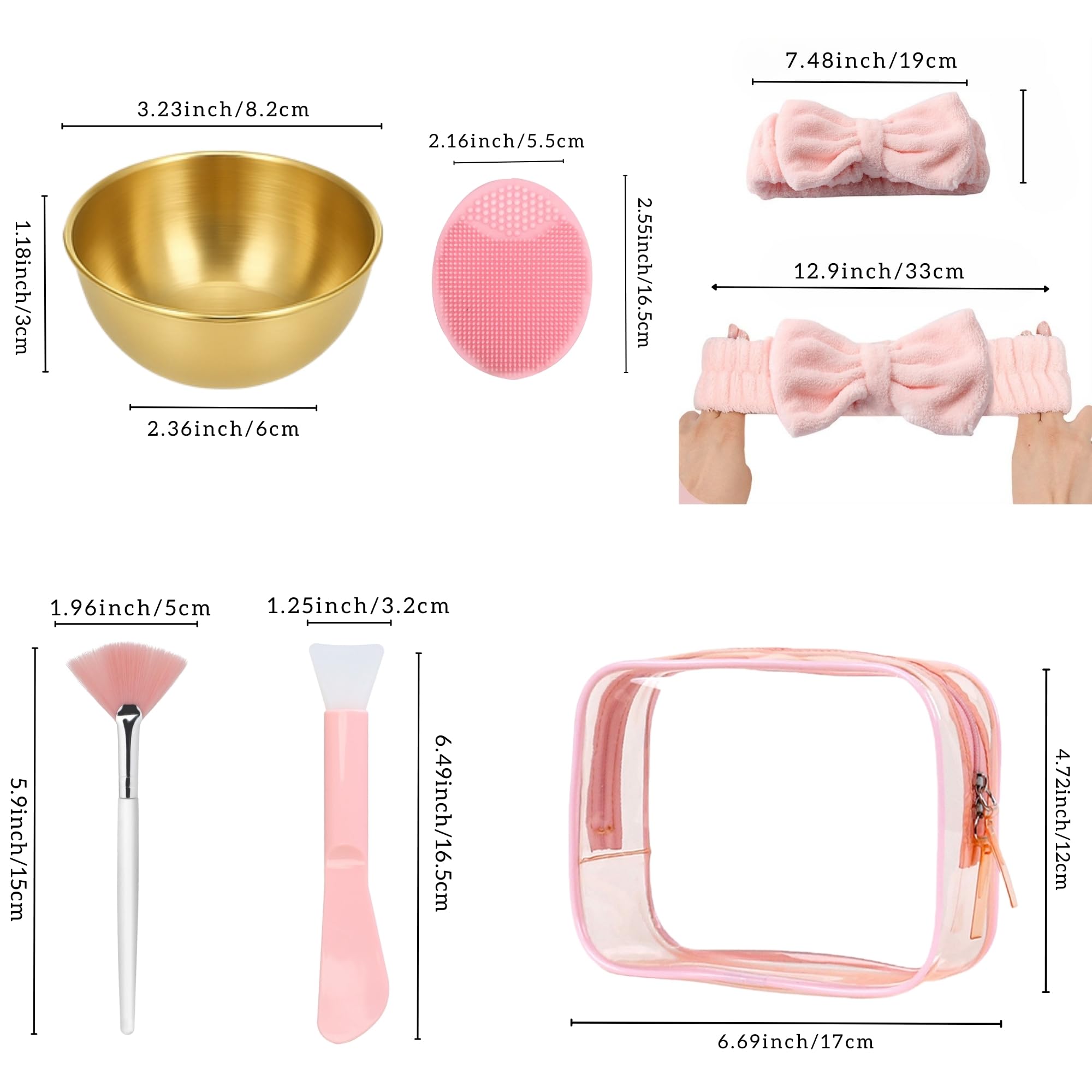 7 Pcs Esthetician Supplies Set for Facials - 2 Gold Facial Bowls, 1 Facial Fan Brushes, 1 Flat Brush, 1 Pink Facial Headbands, 1 Silicone Facial Cleansing Brush, Clear Cosmetic Bag