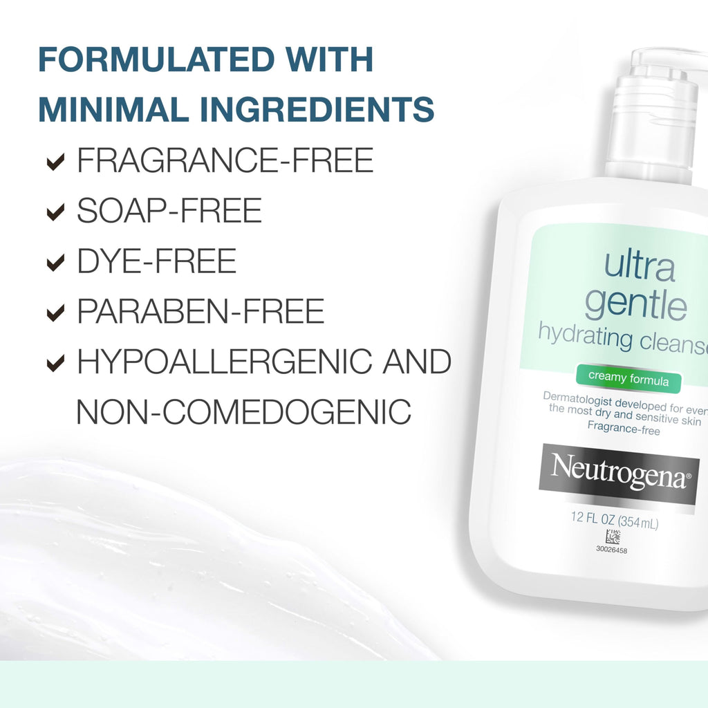 Neutrogena Ultra Gentle Hydrating Facial Cleanser, Non-Foaming Face Wash for Sensitive Skin, Gently Cleanses Face Without Over Drying, Oil, Soap & Fragrance-Free, 12 fl. oz