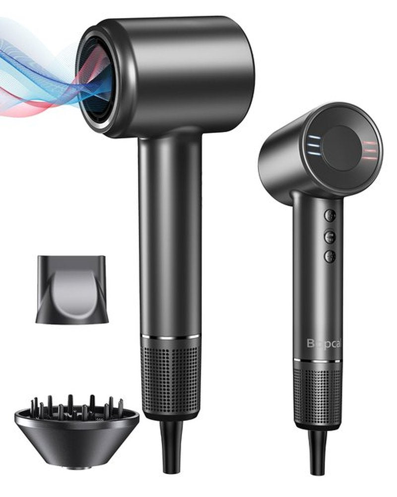 Bopcal Hair Dryer - 1-5 Mins Fast Drying Ionic Blow Dryer, 150,000RPM High-Speed, 500M Negative Ions Reduce 70% Frizz, Low Noise with Magnetic Diffuser & Nozzle, Home Travel Salon Use, Black