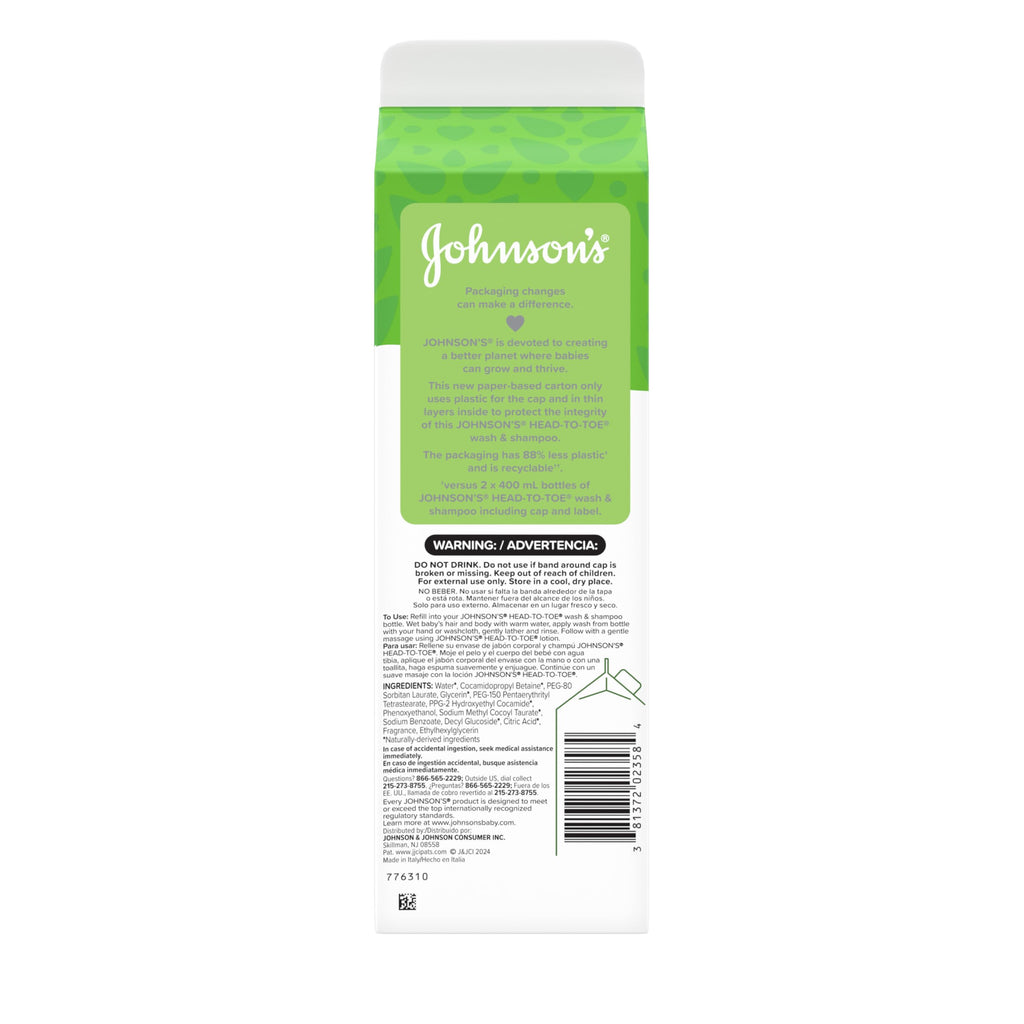 Johnson's Baby Head-To-Toe Gentle Baby Body Wash & Shampoo, Tear-Free & Hypoallergenic Baby Body Wash & Shampoo for Newborn’s Sensitive Skin & Hair, Value Size Wash Refill, 33.8 fl. oz