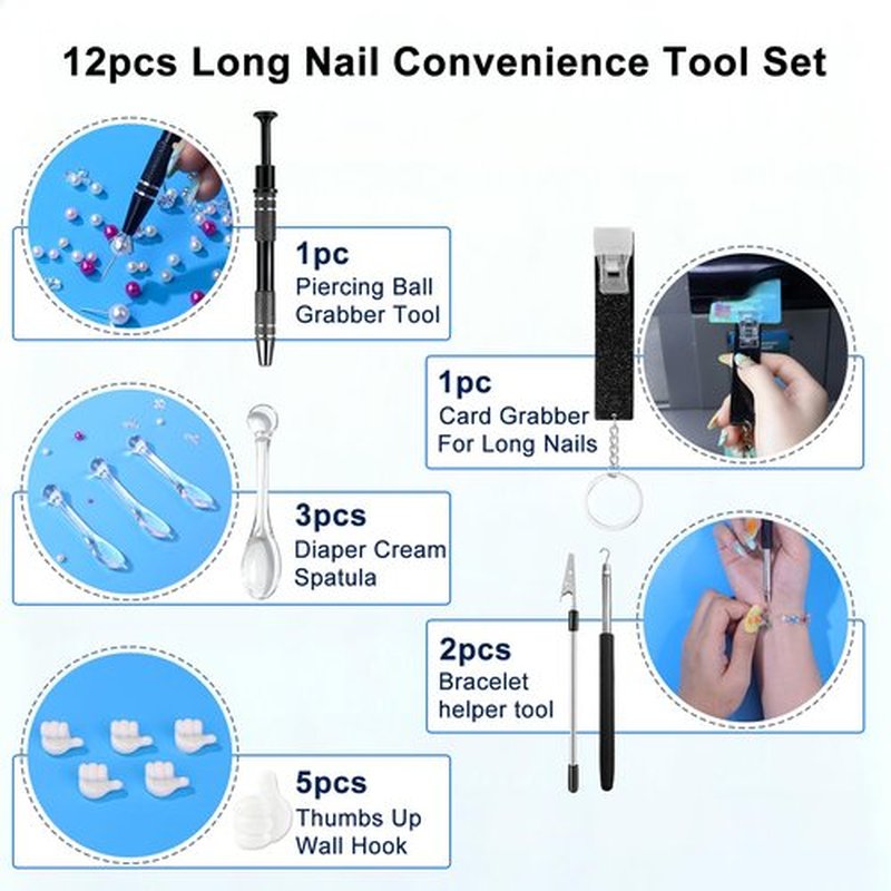 Raisetip Life Kit For Long Nails, Include Piercing Ball Grabber Tool,Bracelet Assistant,Card Grabber,Cream Spatula & Thumbs Hook (12pcs)