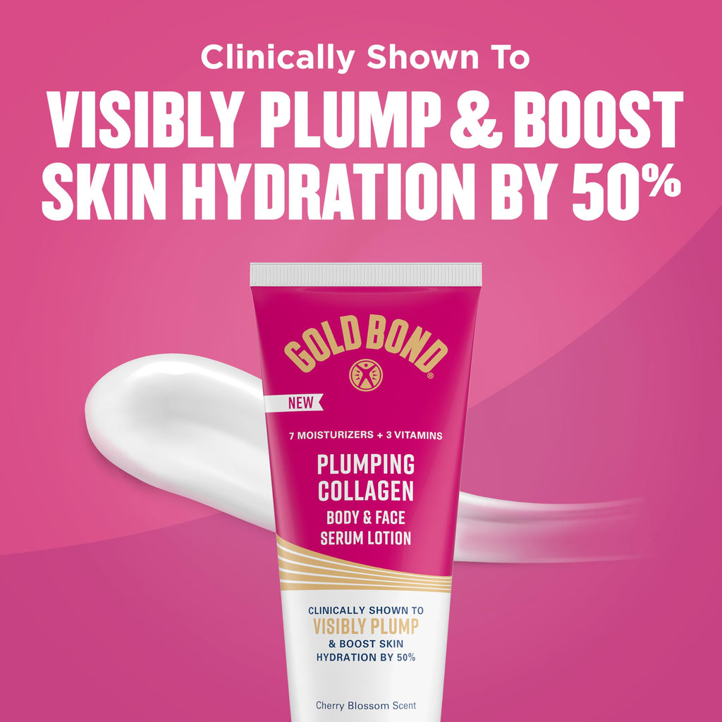 Gold Bond Plumping Collagen Body and Face Serum Lotion, Lightweight Hydrating Moisturizer with Collagen Peptide Complex, Jojoba and Grapeseed Oils to Visibly Plump Skin, Cherry Blossom, 8 oz, 2 Pack