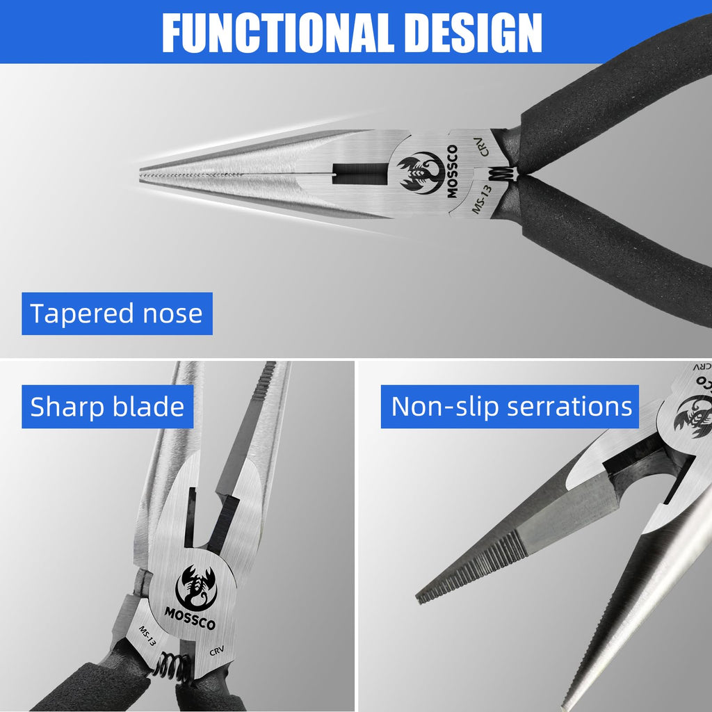 MOSSCO Needle Nose Pliers, 5" Mini Long Nose Pliers with Cutter, Serrated Jaw Precision Small Needle Nose Pliers for Jewelry Making, Bending Wire, Crafts, Electronic Repair