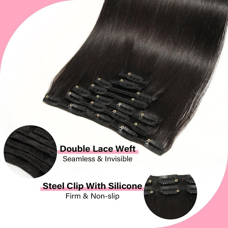 WOWANGEL Clip in Hair Extensions Human Hair,20" Seamless Clip Ins No Damage,7pcs 120g Remy Hair Reusable for Daily Styling,Weddings,Events,Natural Black (1B)