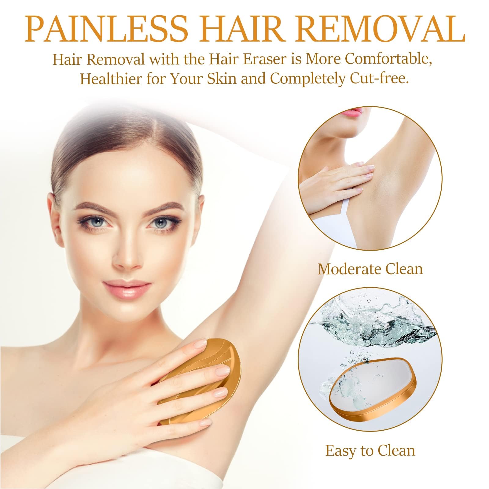 Crystal Hair Eraser, Painless Hair Removal Tool, Reusable Hair Remover for All Body Parts (Gold)