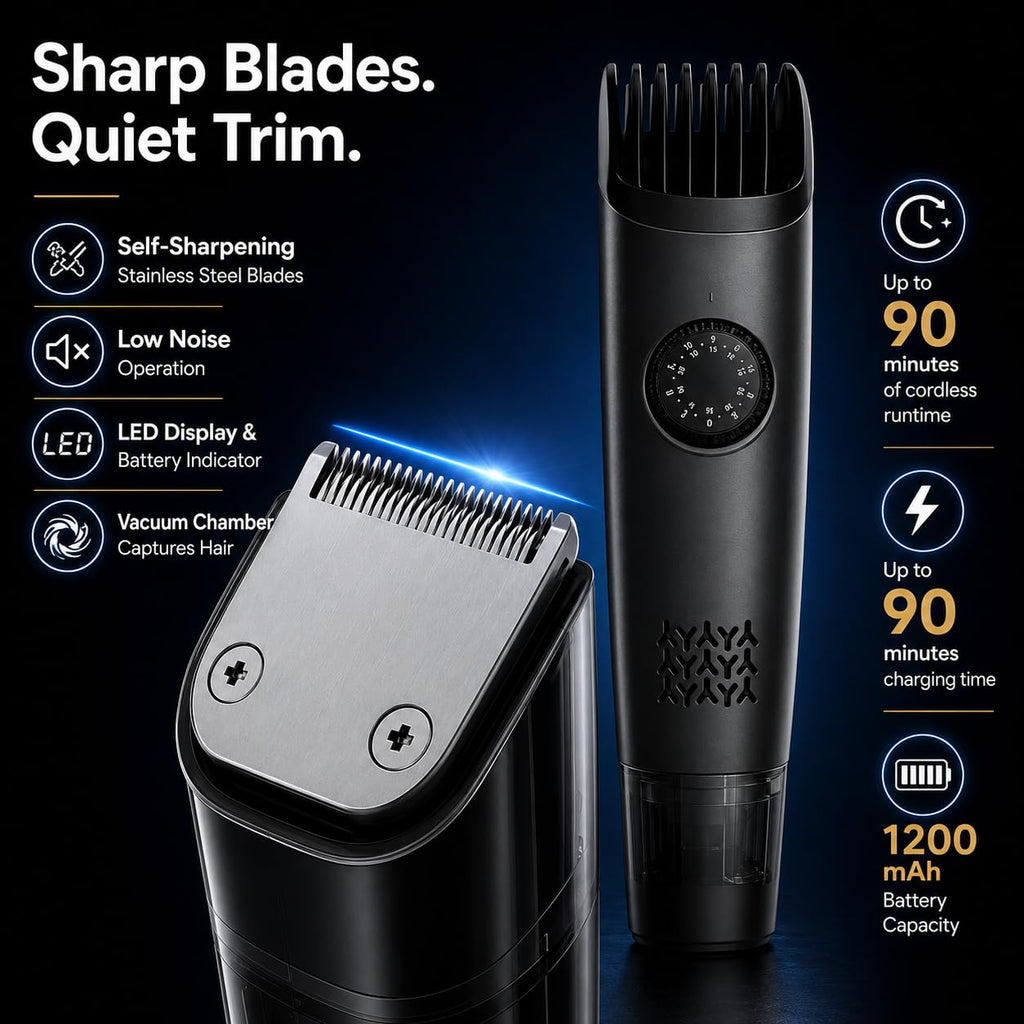QUUQ Vacuum Beard Trimmer for Men, Cordless Electric Grooming Kit with Self-Collecting Hair Clipper, Adjustable 1–20mm Comb, IPX6 Waterproof, USB Rechargeable Mustache Trimmer