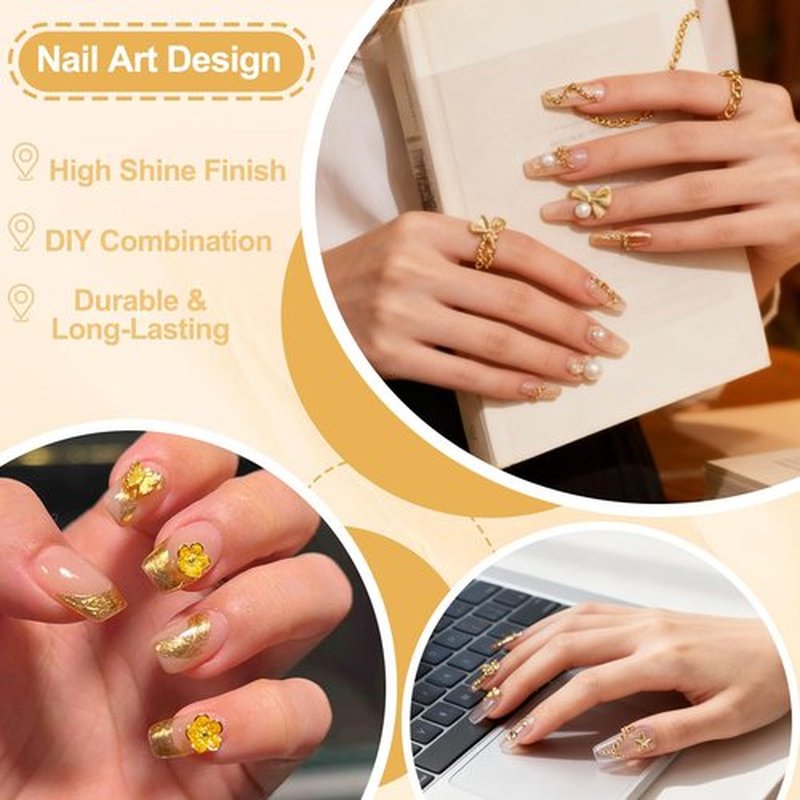 SIUSIO Gold Nail Charms and Gems Kit, 5 Boxes Metallic Nail Art Gems Flatback Crystal Champagne Rhinestones Gold Caviar Beads 3D Cross Stars Rose Hearts Virgin Mary Bow Gemstones for Nails Manicure