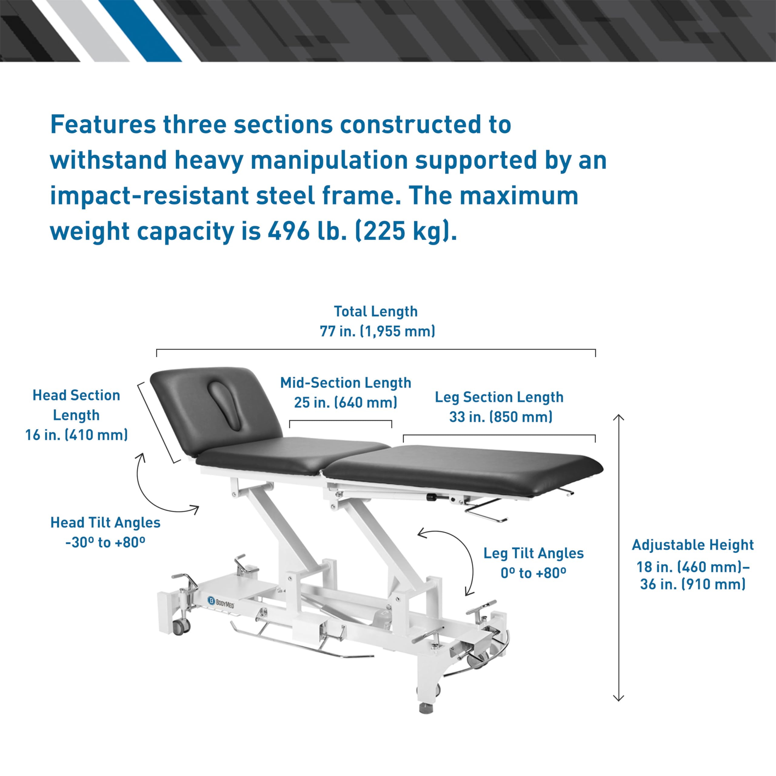 BodyMed 3 Section Hi-Lo Treatment Table, Black, 77 in. x 27 in. x 18–36 in. – Durable, Adjustable Physical Therapy Table – ADA Compliant – Bar Activated Elevation – Foam Padding & Vinyl Upholstery