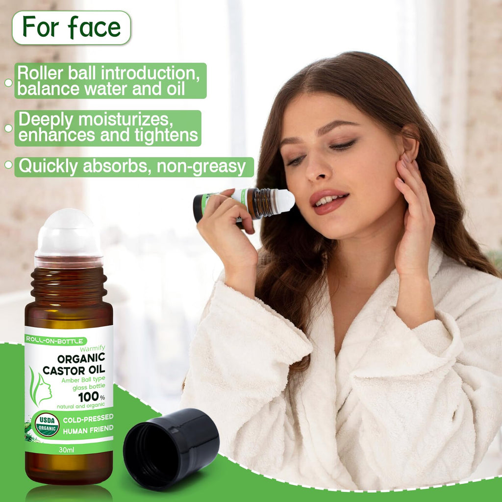 Warmify 3-in-1 Castor Oil Roll on for Eye,Face,Body Skin,Certified Organic Cold Pressed Castor Oil Roller ball unrefined Glass Bottle,Precise & Mess-Free Application & Travel Friendly