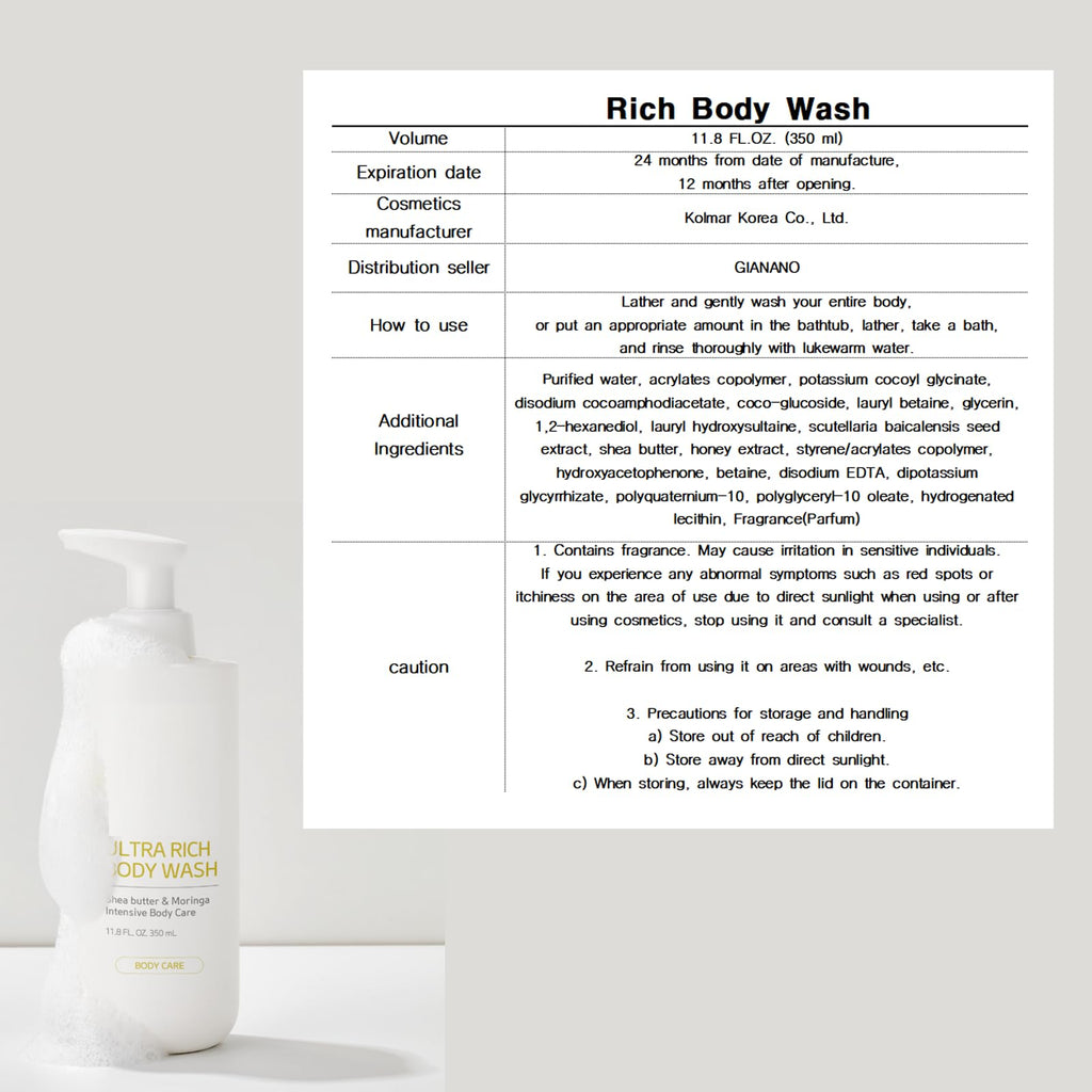 GIANANO Moisturizing & Refreshing soft Foaming Body Wash, For Rich Body Wash, 11.8 fl oz (350ml) /1 Body sponge