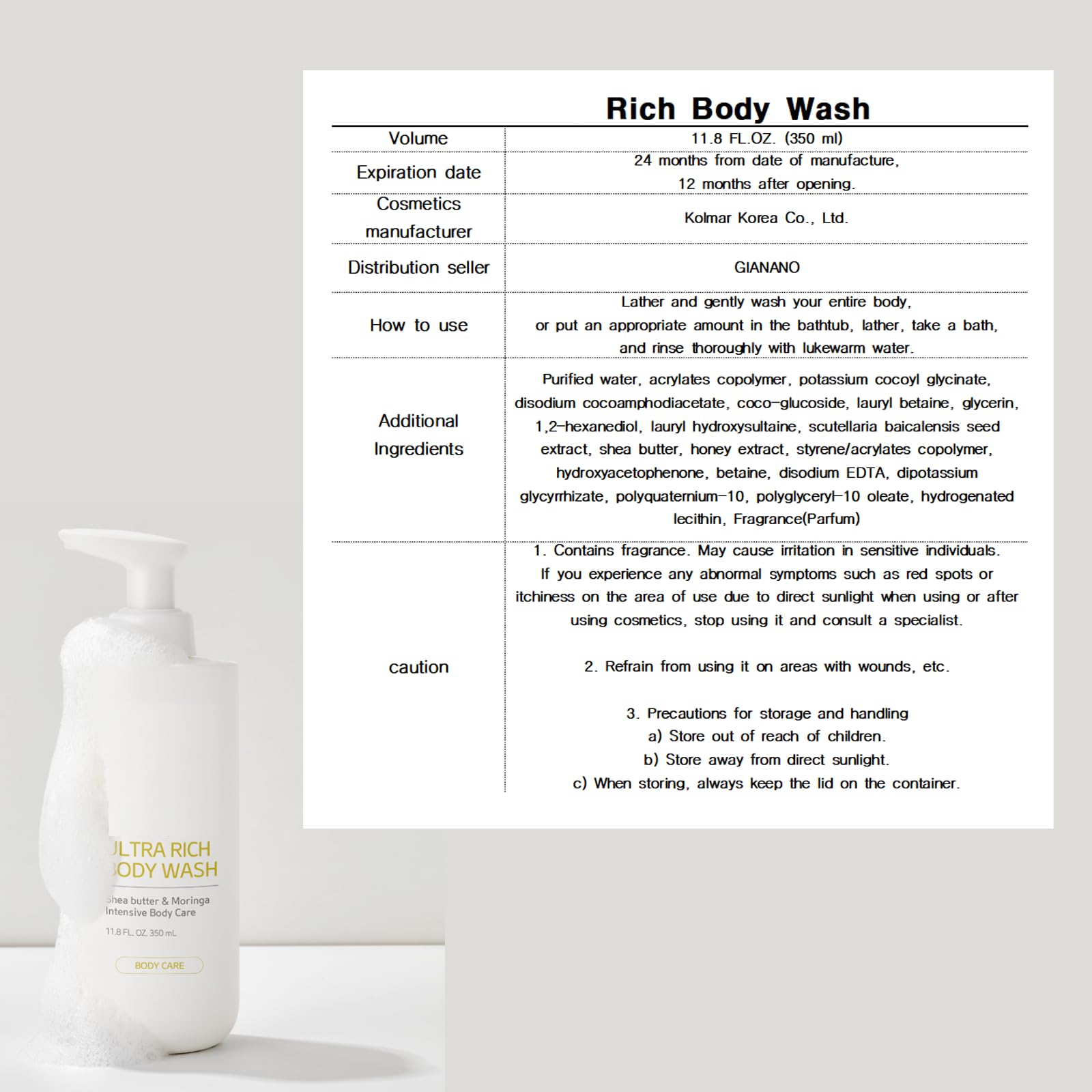 GIANANO Moisturizing & Refreshing soft Foaming Body Wash, For Rich Body Wash, 11.8 fl oz (350ml) /1 Body sponge