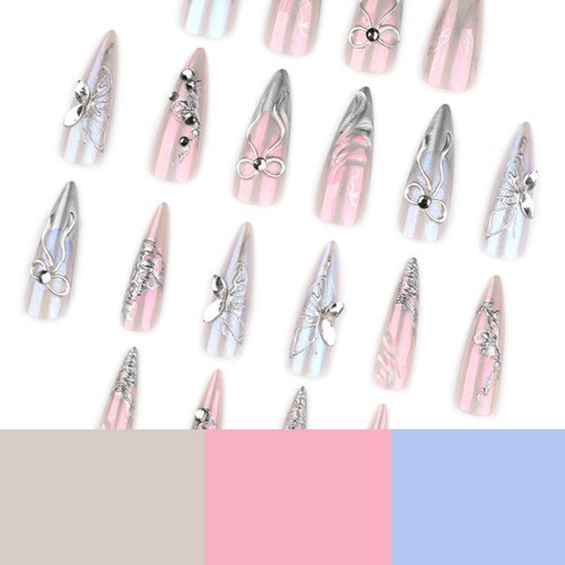 Almond Press on Nails Silver Fake Nails 3D Embossed Artificial Nail Acrylic Stick on Nail for Women 24pcs