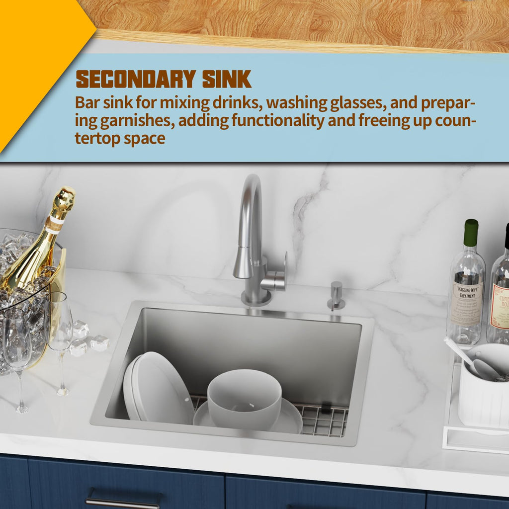 21x18In Stainless Steel Kitchen And Bar Sink - Small Undermount Single Bowl Drop In Staylish Kitchen&Bar Sink Ideal Choice For Small Space, Prep Area, RV With Bottom Grid,Soap Mat And Drain Assembly