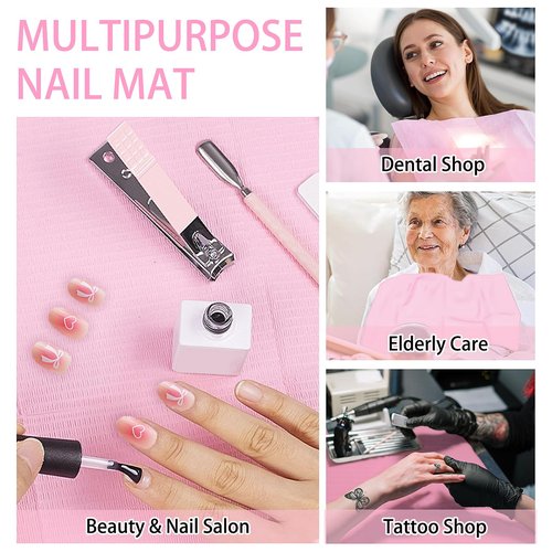 SWeien 50PCS Disposable Nail Mats, Foldable Nail Paper Towels, 13"x18" Table Acrylic Nail Practice Sheet, 3 Ply Waterproof Clean Nail Table Mat for Salon, Manicure Tattoo, Nail Art Accessories (Pink)