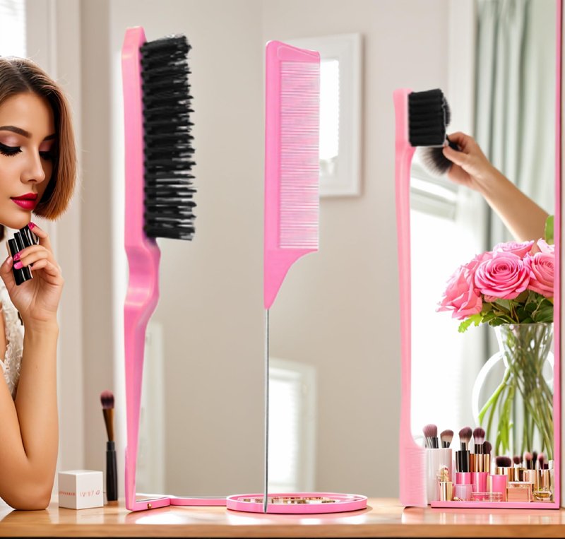 Xiangwenlan Pink Hair Brush Set - 3 Pcs, Slick Back, Rat Tail, Teasing Comb for Kids and Baby Hair Smoothing