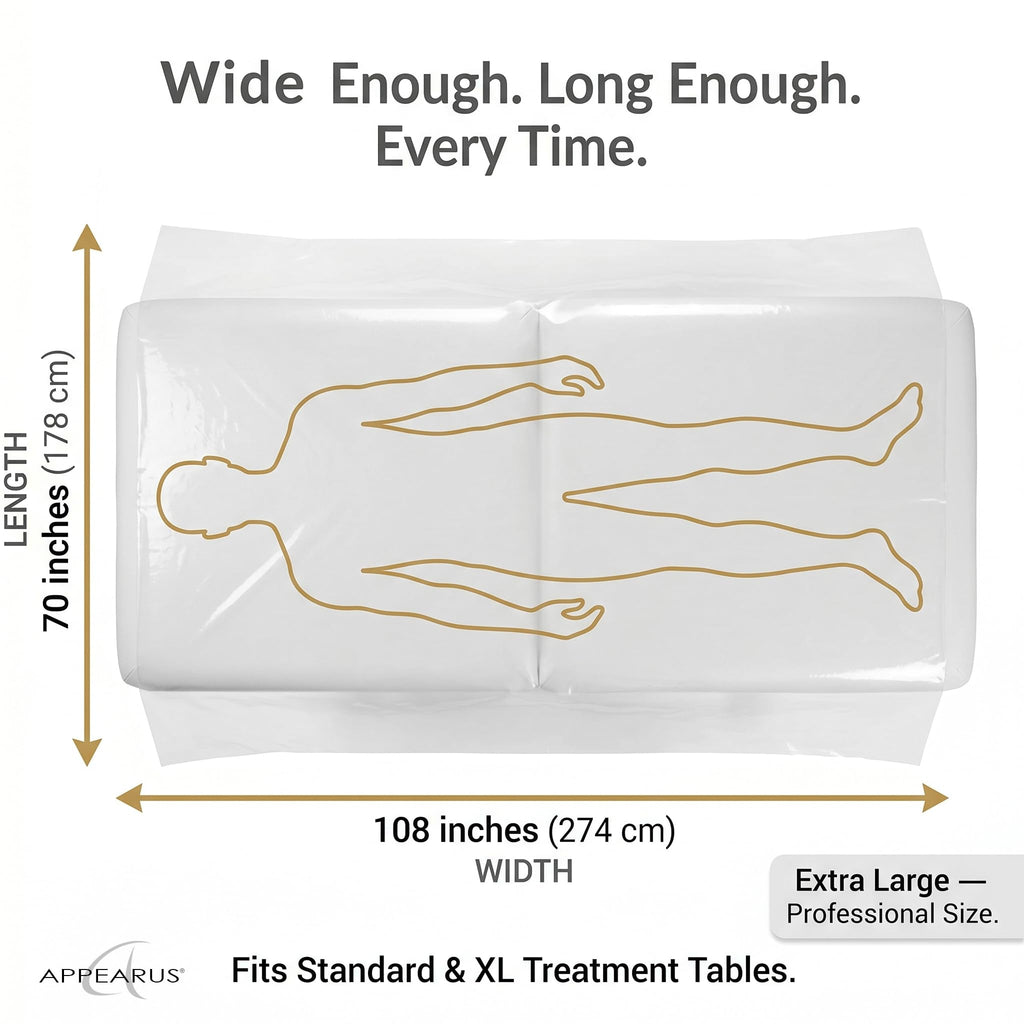 APPEARUS Extra Large Disposable Body Wrap Sheets 70x108 Pre-Cut Professional Plastic Film Liners for Spa Salon Moisturizing Skin Application 24 Count