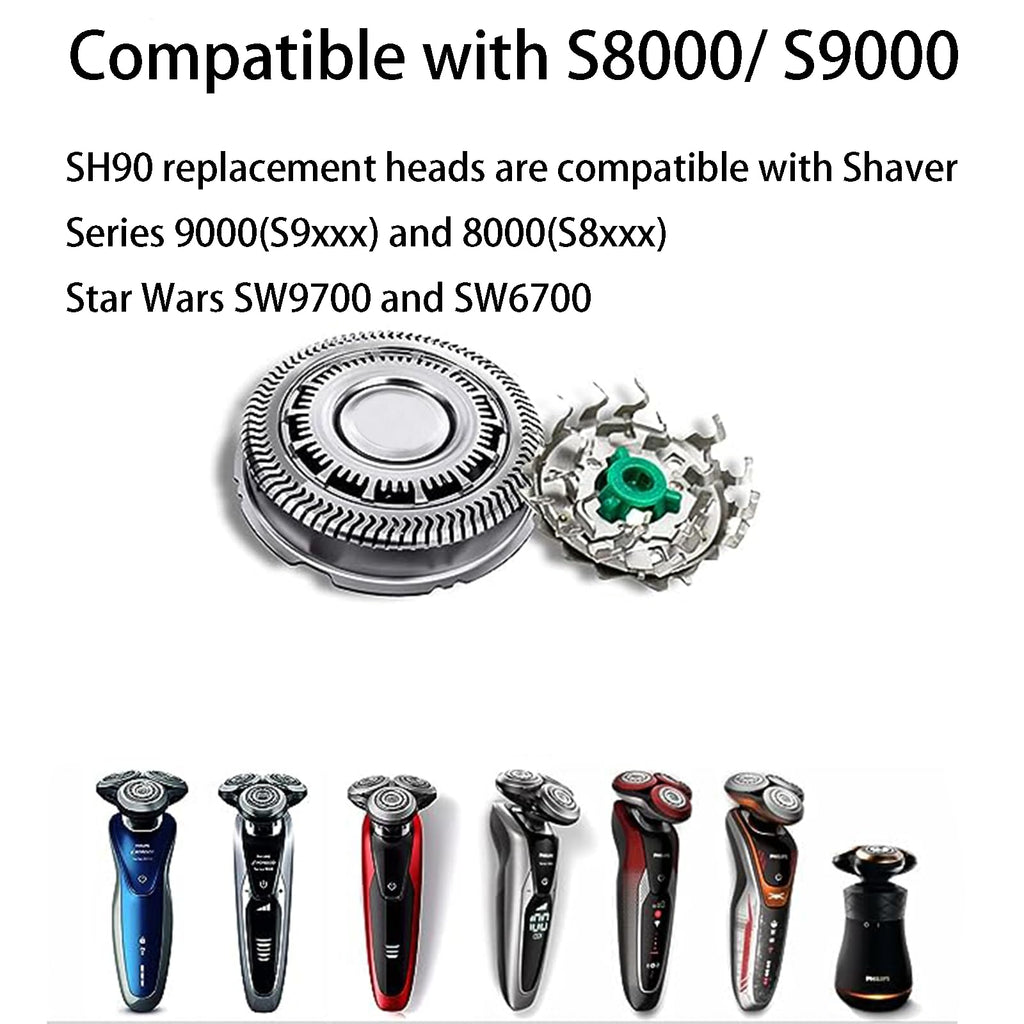 SH90 Replacement Rotary Heads for Philipss Norelcos Shavers Series 9000 New Version of Metal Wheel Buckle and Upgrade Double Layer Precision Blades (1-Pack)