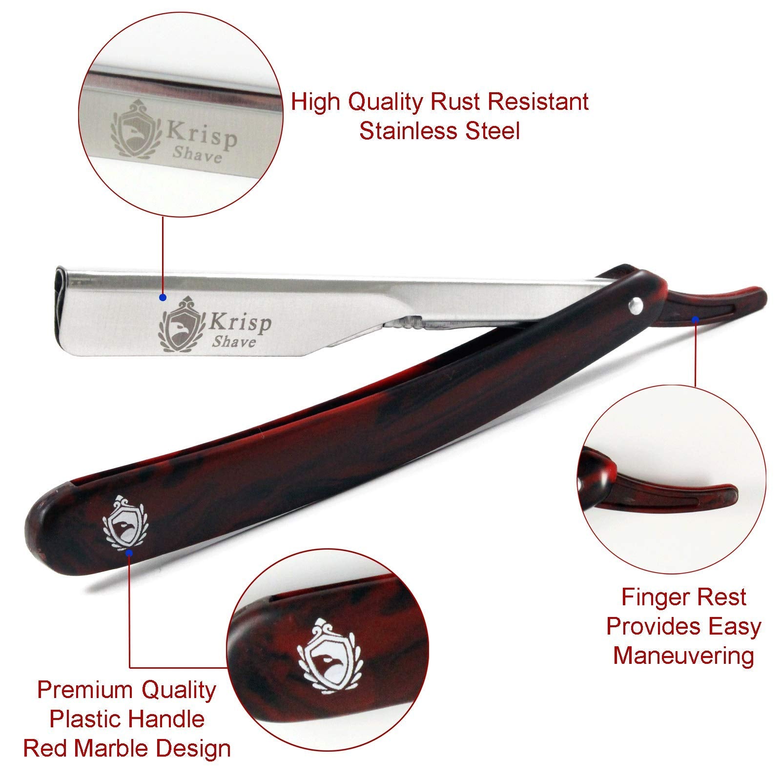 Krisp Beauty Professional Classic Straight Edge Barber Razor For Close Shaving - Salon Quality Manual Men's Beard Cut Throat Shavette With 10 Shaving Blades