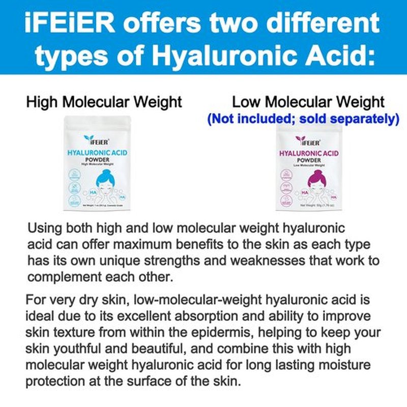iFEiER Hyaluronic Acid Powder | High Molecular Weight Hyaluronic Acid Serum Powder | 1oz(28.3g) Cosmetics Grade | Sodium Hyaluronate | LMW HMW HA ingredient to make gel for DIY Serums