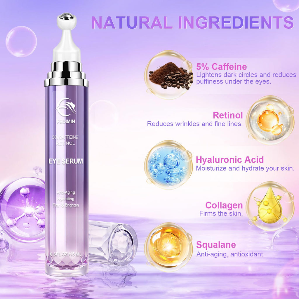 5% Caffeine Eye Cream for Dark Circles Under Treatment Eye Serum for Wrinkles Fine Lines, Retinol Under Cream for Puffiness and Bags with 360° Massage Roller-Ball