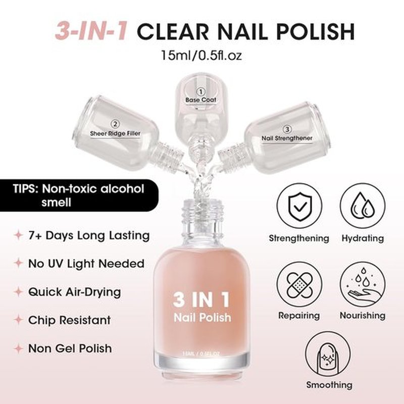 GELLEN Clear Nail Polish Base Coat - Ridge Filling Sheer Nude Tint | Smooth & Nourish Damaged Nails with Shea Butter & Vitamin E