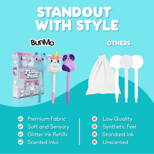 BUNMO Plush Cute Pens 3-Pack - Squishy Animal Pens with Scented Glitter Ink Refills | Cat, Cow, Unicorn