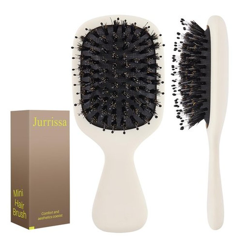 Jurrissa Mini Boar Bristles Hair Bursh, Travel Size Hair Brush for Women Men Kids, Protable Small Hair Brush for Pockets Purses, Mini Detangler Brush for Smooth Add Shine(White)