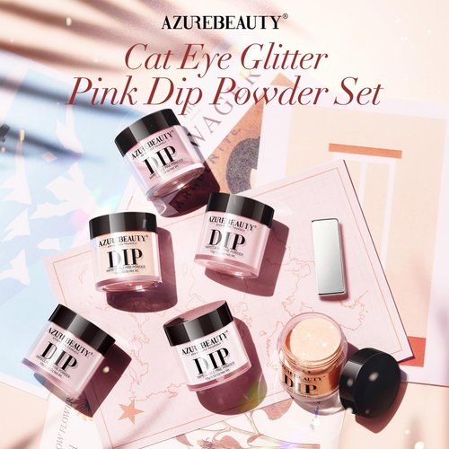 AZUREBEAUTY Dip Powder Nail Set, 6 Colors Nude Pink Glitter Cat Eye Natural Dipping Powder Starter All Season Kit, French Nail Art Manicure DIY Salon, No Need Nail Lamp Cured