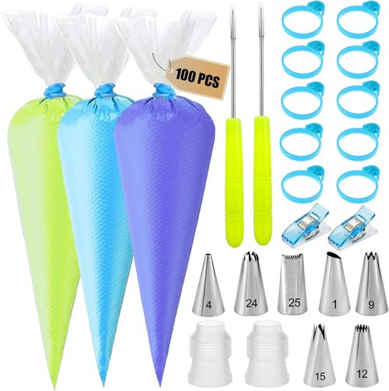 Skiennix Piping Bags Set - 100 Disposable 12-Inch Pastry Bags with 7 Frosting Tips & Accessories for Cake Decorating