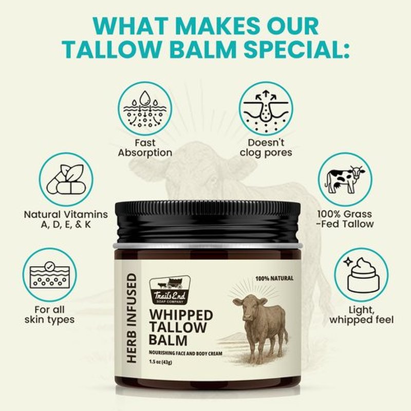 Handmade Whipped Tallow Balm - Unscented - Grass Fed & Finished - Infused Organic Jojoba oil - Natural Body Butter for Face, Body & Sensitive Skin (Eczema, Rosacea, Infant to Adult)