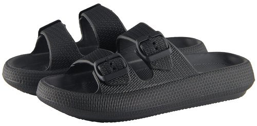 BenSorts Pillow Slippers for Women and Men Cute Rubber Sandal Adjustable Buckles Soft Slides Shower Spa Bath House Slippers Indoor Outdoor Black Men Size 8.5 9 9.5 Women Size 9.5 10 10.5