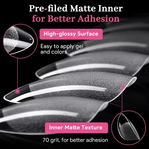 Qiek Short Water-drop Fake Nail Tips, 15 Sizes 240 PCS Clear Half Matte Press On False Nail Tips Soft Full Cover Gel Nail Tips Extensions Strong Thick Long Lasting for DIY Beginners & Salon Manicure