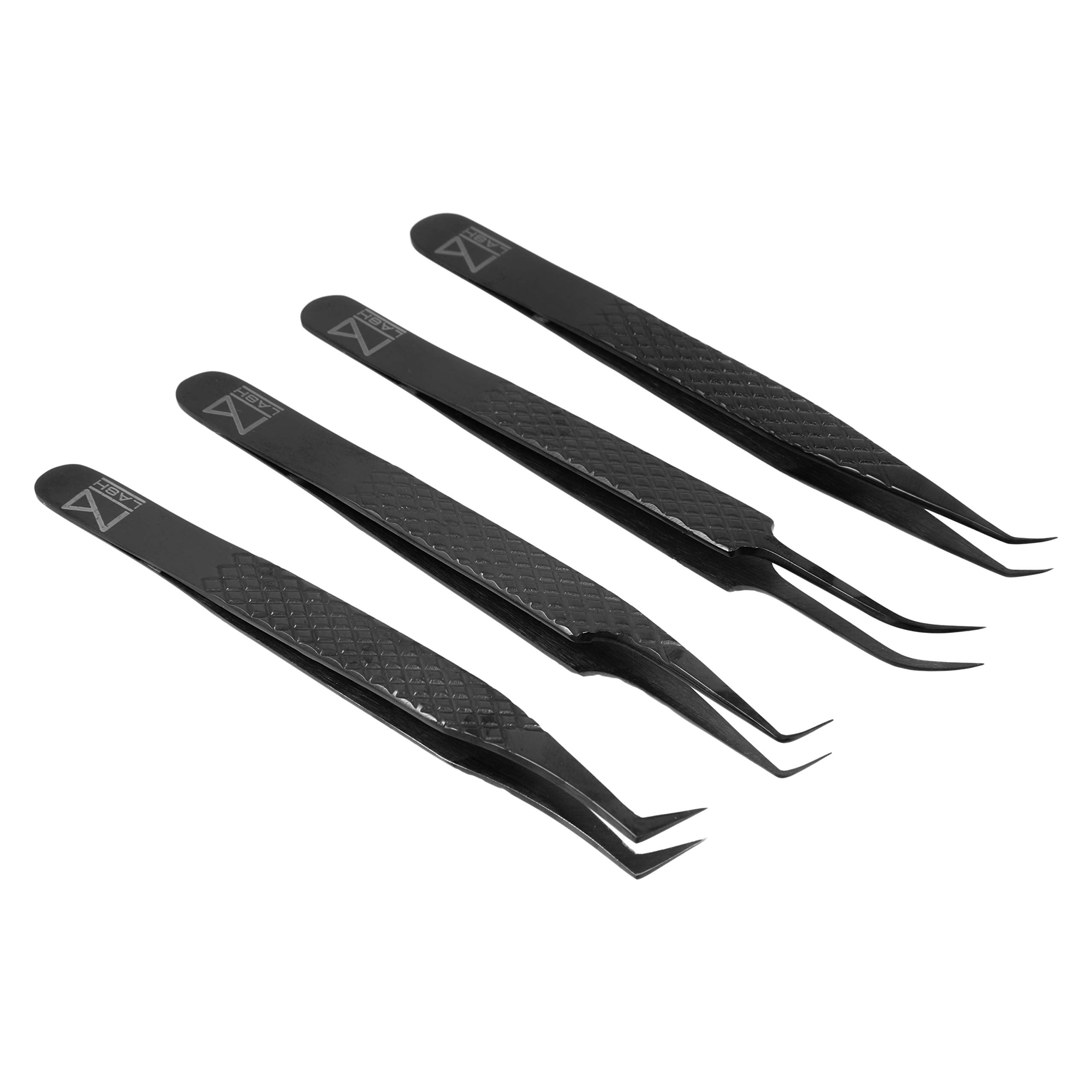 M LASH Tweezers for Eyelash Extensions (Set of 4) - Professional Lash Extension Tweezers - Fiber Tip, Japanese Steel, Diamond Grip Eyelash Extension Tweezer set (Black)