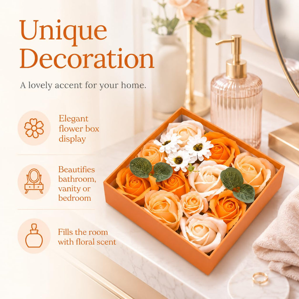 Ideal Swan Rose Bath Soap - Flower Floral Scented Rose Soap Petals in Flower Box, Transparent Window for Women Plant Essential Oil Set for Birthday Valentine’s Christmas （Orange）