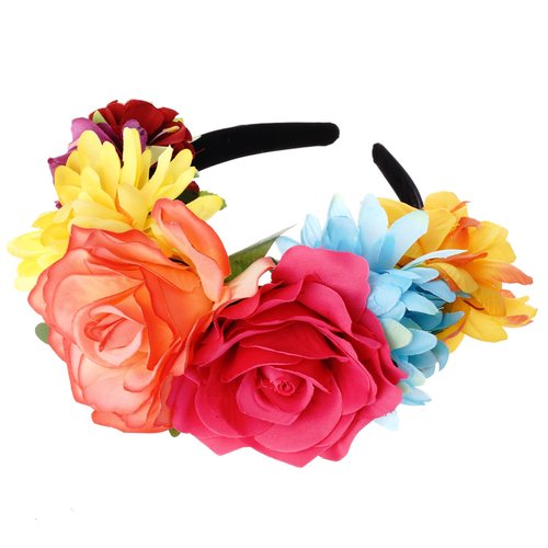 Nydotd Mexican Rose Flower Crown Headband, Day of The Dead Floral Rose Crown Headband Headpiece for Halloween Costume Party (Colourful, One Size)