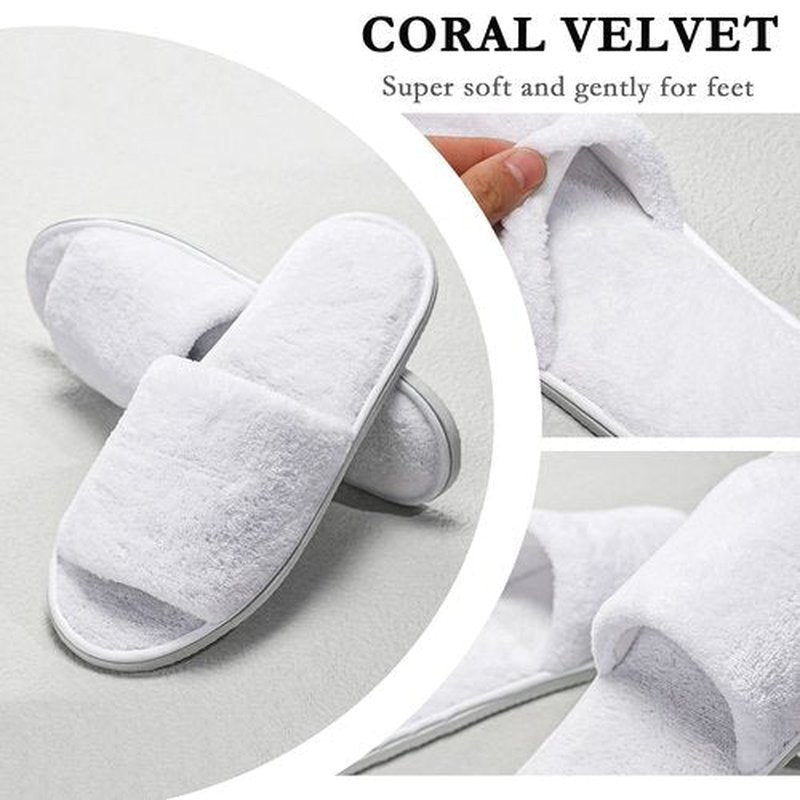 Shinymoon 8 Pairs Disposable Velvet Open Toe Non Slip Spa & Travel Slippers - White, Medium