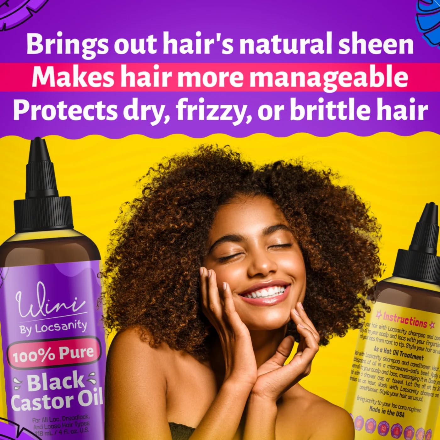 Locsanity Wini Pure 100% Jamaican Black Castor Oil Organic Cold-Pressed | Non-GMO | 4 fl oz: Moisturizing Face & Hair Oil for Growth, Skin Care, Strengthening, & Nourishing
