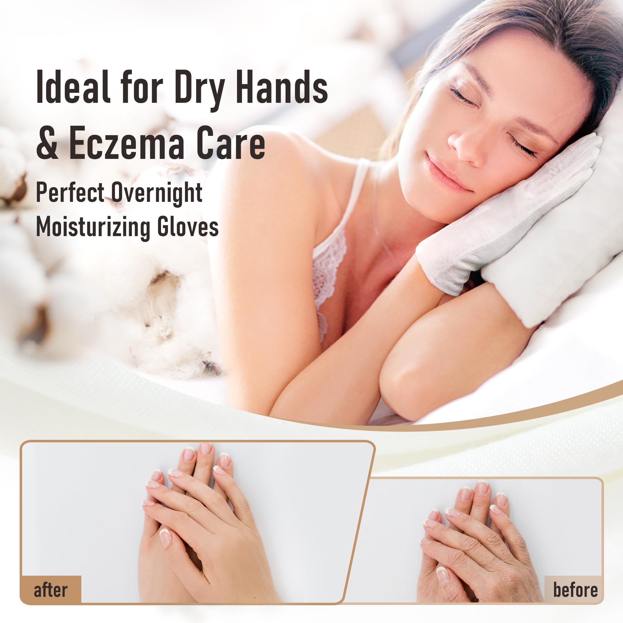 COOLJOB 100% Cotton Gloves, 6 Pairs White Cotton Gloves for Dry Hands Moisturizing & Eczema, Overnight Lotion, Sleep & Spa Treatment for Women & Men, Breathable Work Glove Liners, Large Size