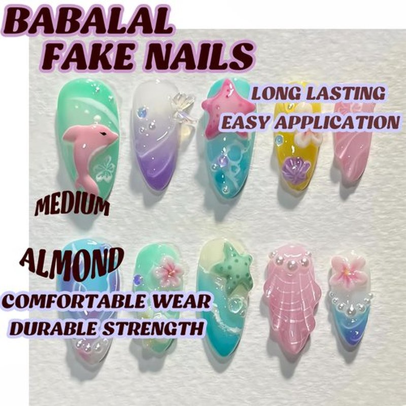 BABALAL Beach Press on Nails Medium Almond Fake Nails Blue Summer Glue on Mermaid Seashell Design 30Pcs Stiletto Glossy Handmade Diy Stick on False Nails Custom for Women Girls