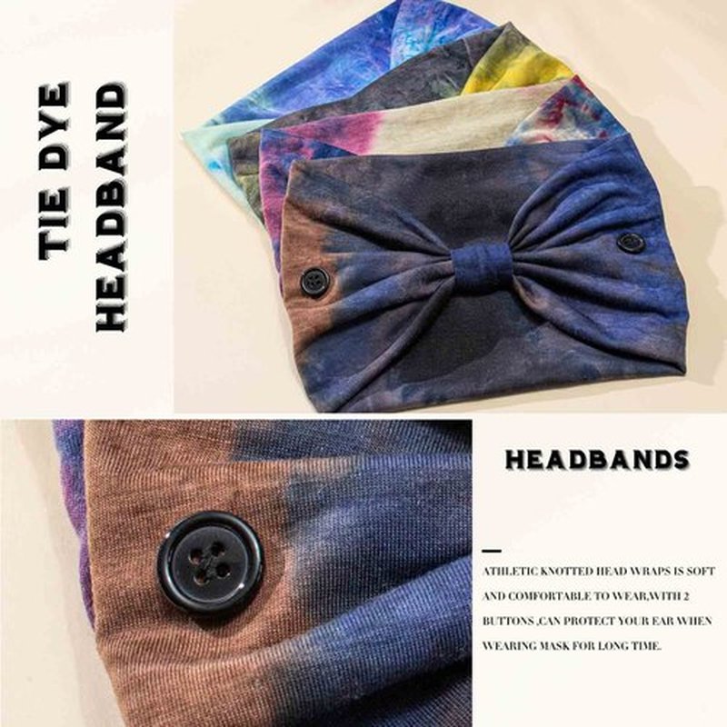 Olbye Wide Tie Dye Headband, Button Headbands for Mask, Non Slip Hairbands for Women, 4Pcs