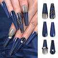 Luxury Navy Coffin Nails Glossy 3D Rhinestones Extra Long Tips Elegant Ethnic Glue on Fake Nails Gothic Nail Salon Art DIY