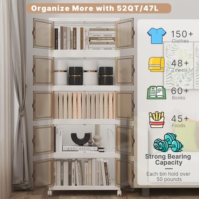 UAMFURI Stackable Storage Bins - 5-Pack Collapsible Plastic Organizers with Lids & Wheels | 240QT-48QT