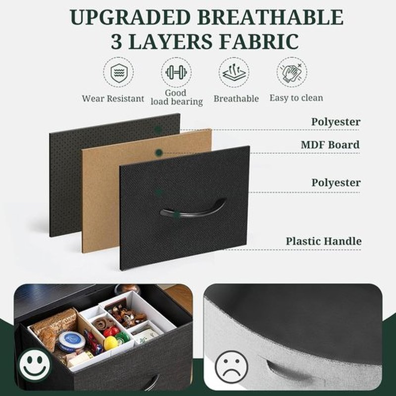Skiennix 5-Drawer Dresser - Anti-Tip Fabric Chest with Wooden Top & Metal Frame | Black