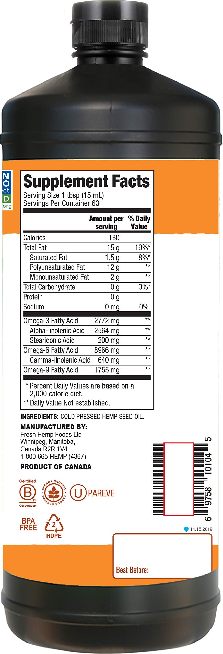 Manitoba Harvest Hemp Seed Oil, Cold Pressed, Premium Quality, 12g of Omegas 3 & 6 Per Serving, Hydrate & Nourish Skin - Non GMO, Vegan, Gluten Free, Great for cooking, salad dressings, 32 Fl Oz