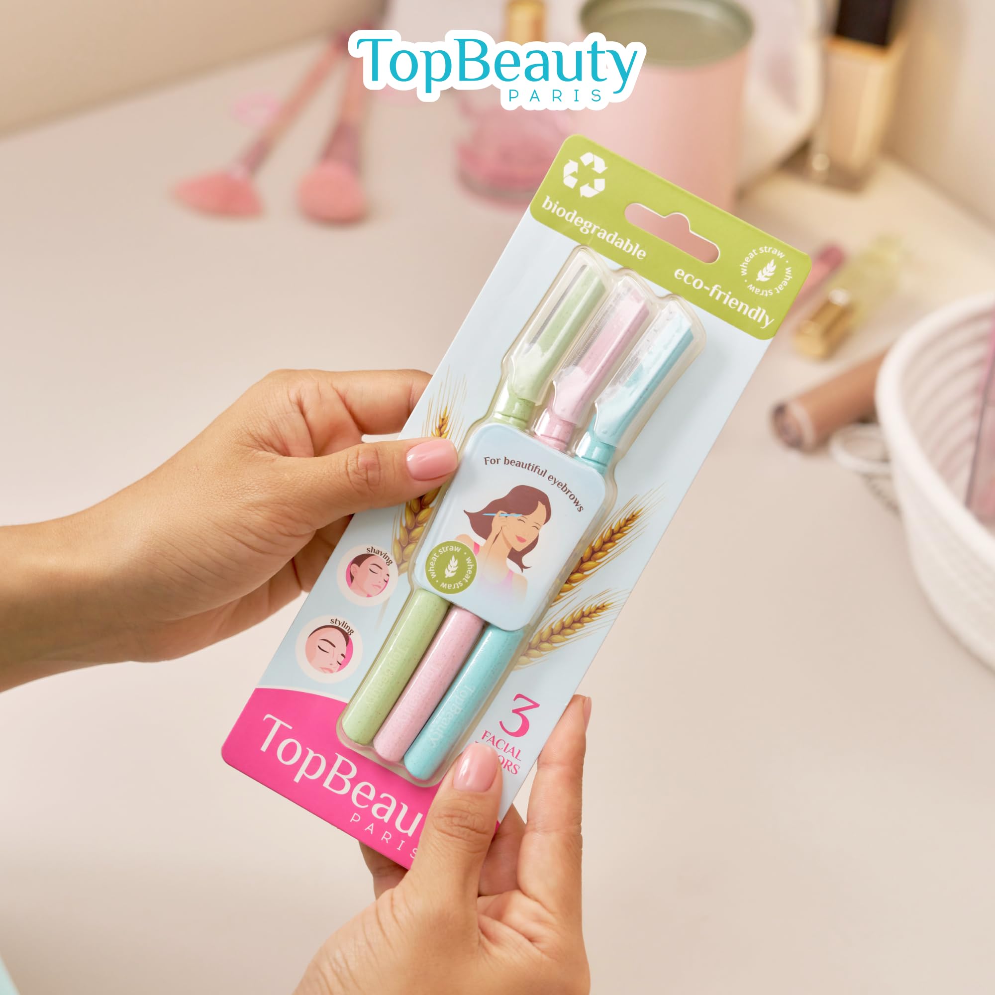 Topbeauty Paris Women Facial Eco Razors - 3 pcs per pack - Wheat Straw Eyebrow Razors - Multipurpose Facial Body Hair Peach Fuzz Removal Trimmer Shaver - Dermaplaning Tool - Protective Safety Cover