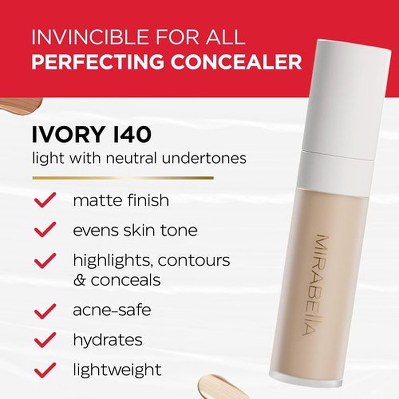 Mirabella Invincible Under Eye Concealer - Full Coverage Hydrating Formula for Dark Circles & Fine Lines | Ivory I40