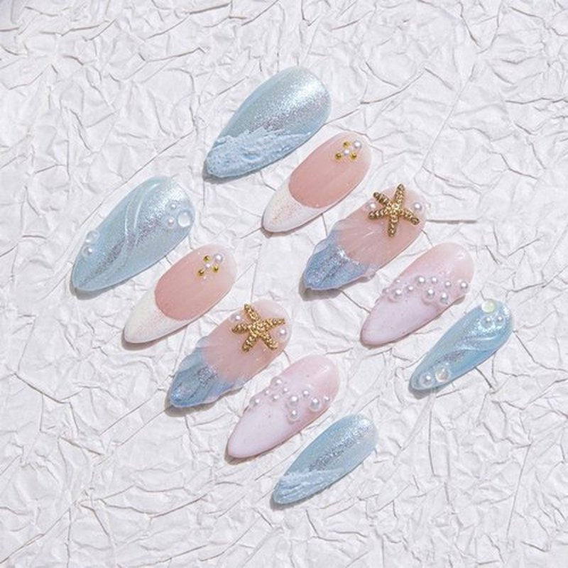 Handmade Medium Almond Press on Nails with Glue, Glitter Blue Ocean Fake Nails with 3D Floral Design French Nails Press ons Nude Pink False Nails Muti-Layer Gel Acrylic Nail for Women (Size S)